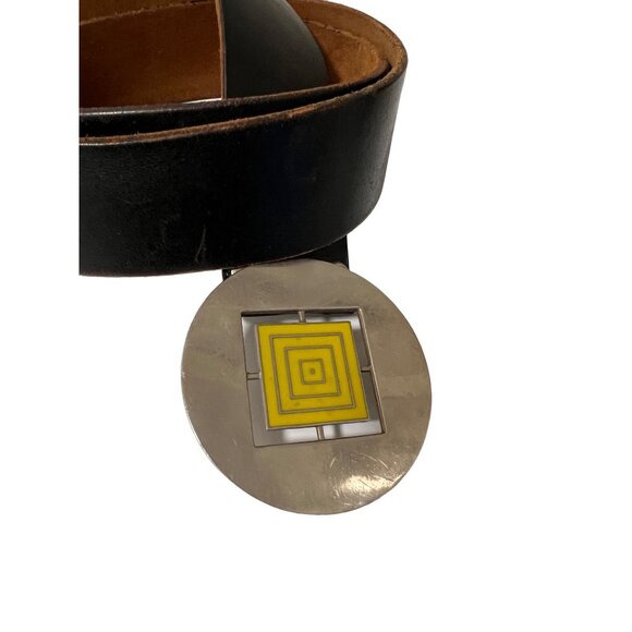 Vintage Canterburys Black Leather Belt With Silver & Yellow Modern Buckle Square - Picture 2 of 4